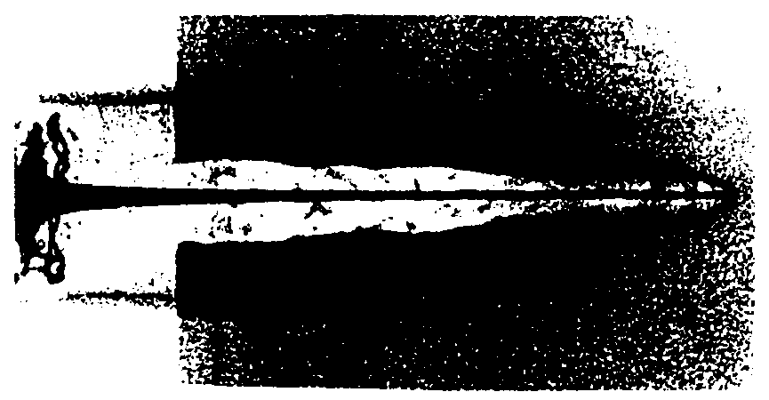 Flash X-ray of a copper jet penetrating an aluminium alloy target.