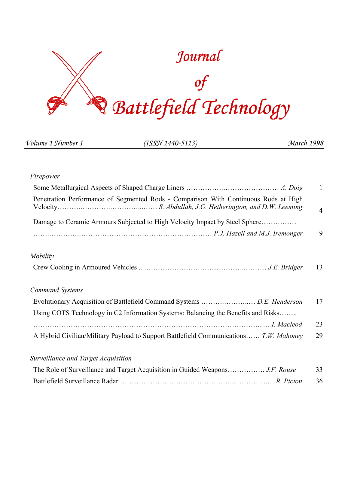 Journal of Battlefield Technology Volume 1, Number 1 cover
