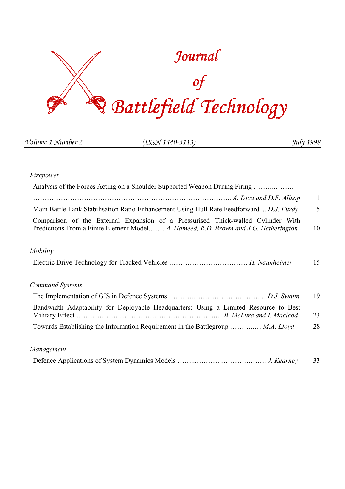 Journal of Battlefield Technology Volume 1, Number 2 cover