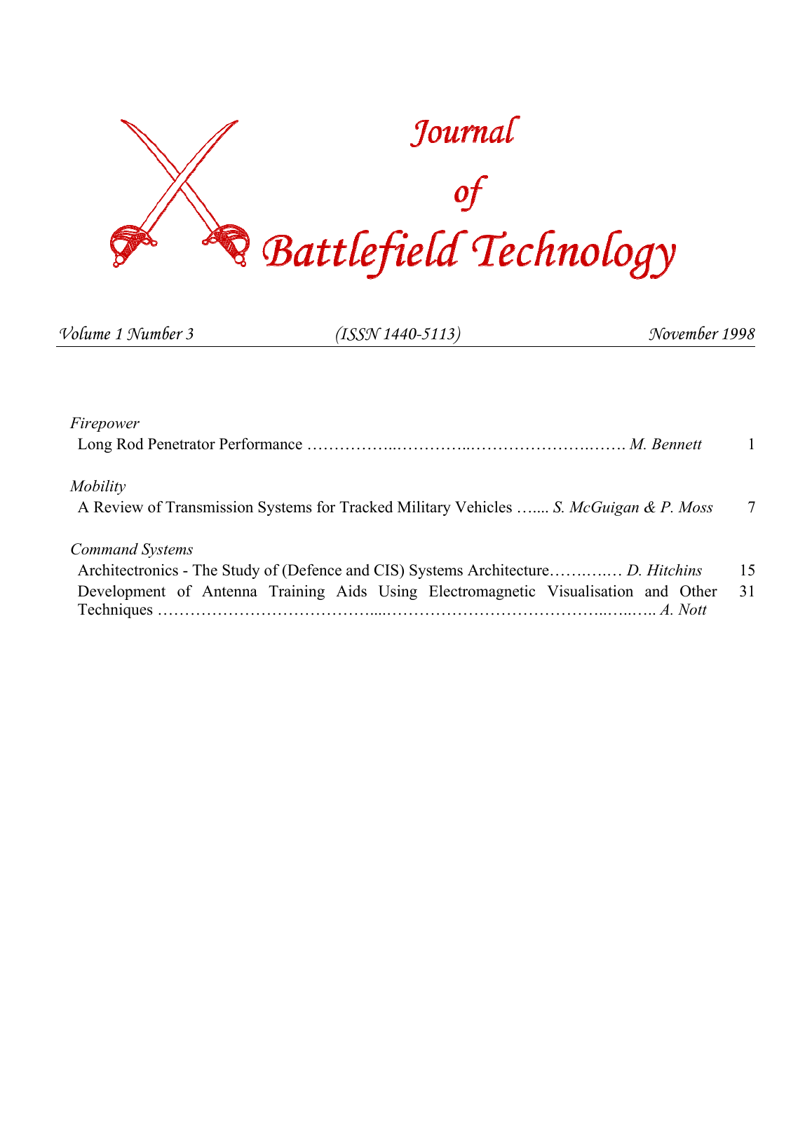 Journal of Battlefield Technology Volume 1, Number 3 cover