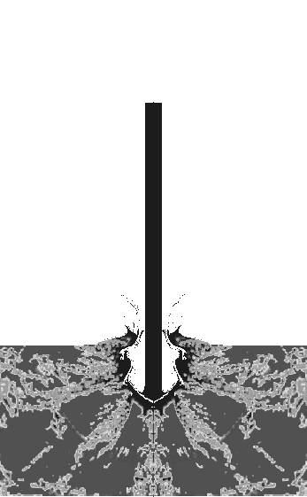 The result of a computer simulation of a rod penetrating a ceramic target (after [10]) - the light areas indicate the presence of failure.