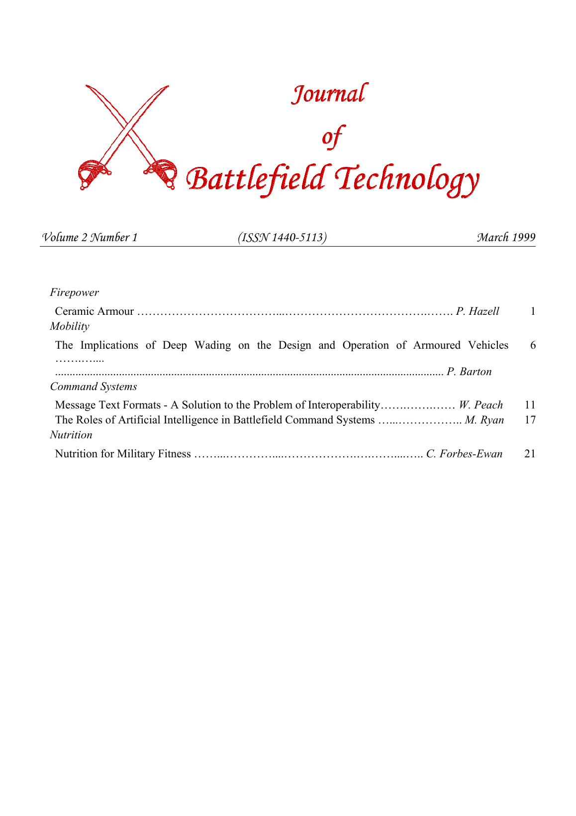 Journal of Battlefield Technology Volume 2, Number 1 cover