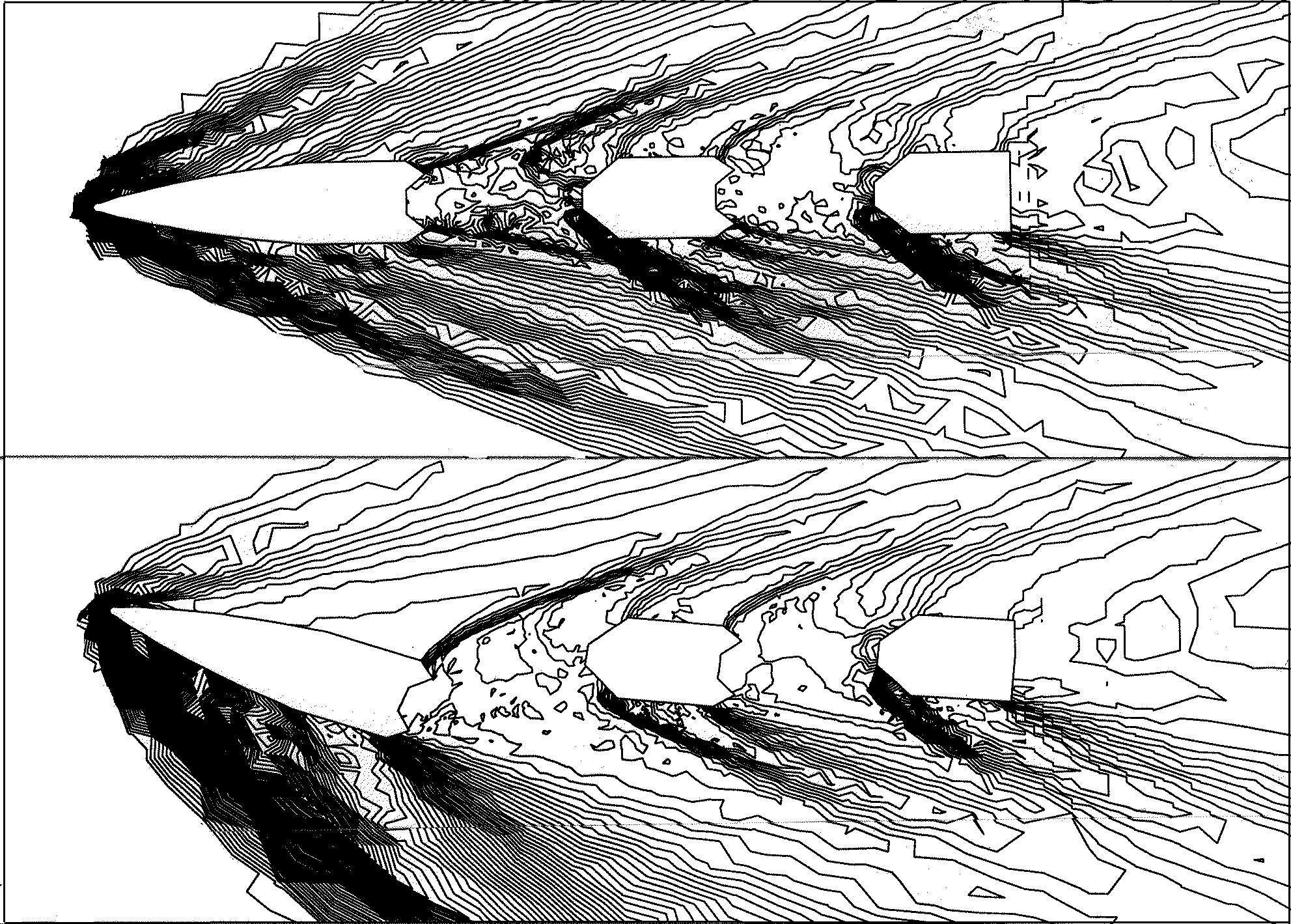 History of pressure contour changes of steady state (top) and the final of unsteady state (bottom) (Mach=4, α=4).