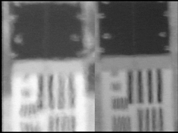 Images of bar charts taken 500m away across hot sunlit ground. The left-hand and right-hand images are from cameras respectively 1.25m and 8m above the ground.