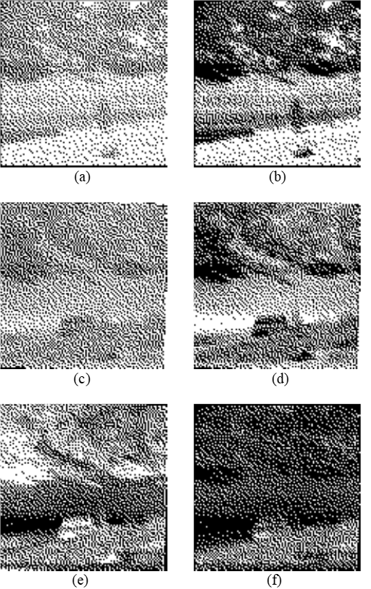 Images of a vehicle from 400m. Figures (a) and (b) are the raw and adjusted-grey-scale MWIR images. Figures (c) and (d) are the raw and adjusted-grey-scale SWIR images. Figure (e) is the inversion of (d). The final image, (f), is the multiplication (b) x (e).
