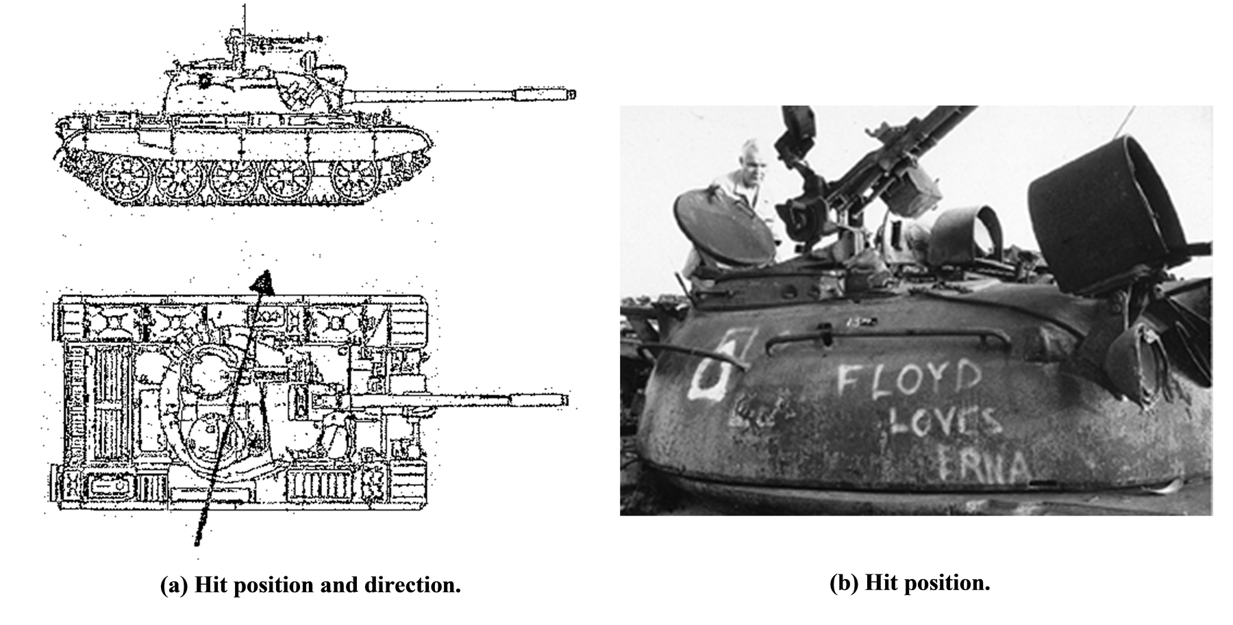 T 55 tank (target number 13) hit by a KE-round on the turret.