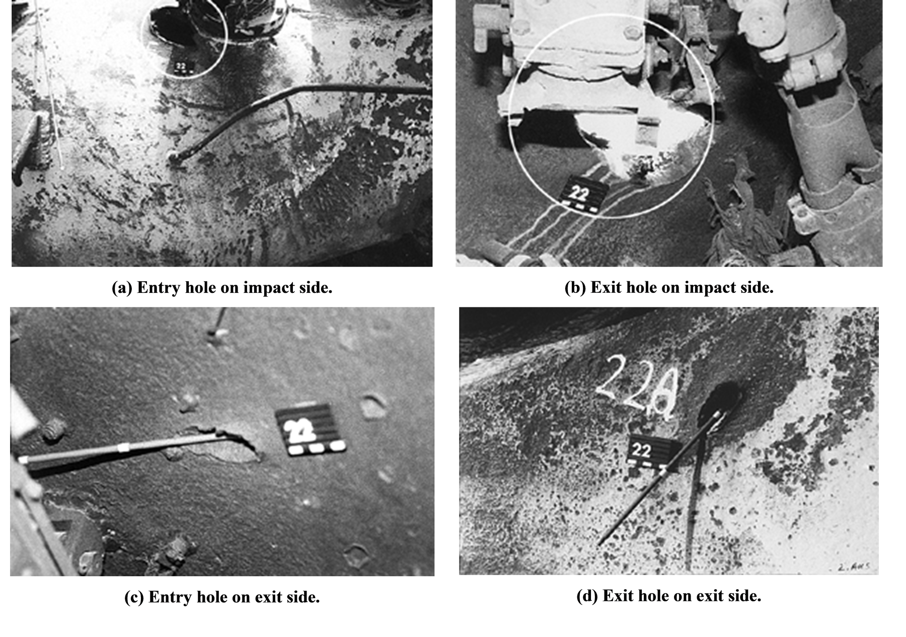 Entry and exit of the holes produced by a shaped charge warhead on a T55 MBT (target number 22).