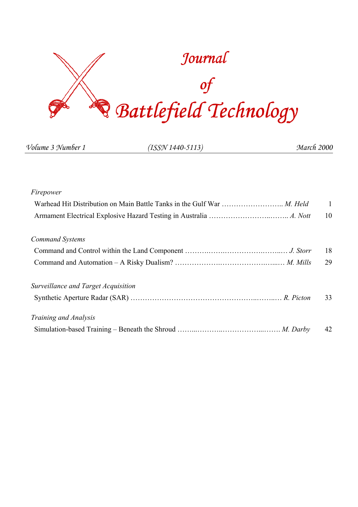 Journal of Battlefield Technology Volume 3, Number 1 cover