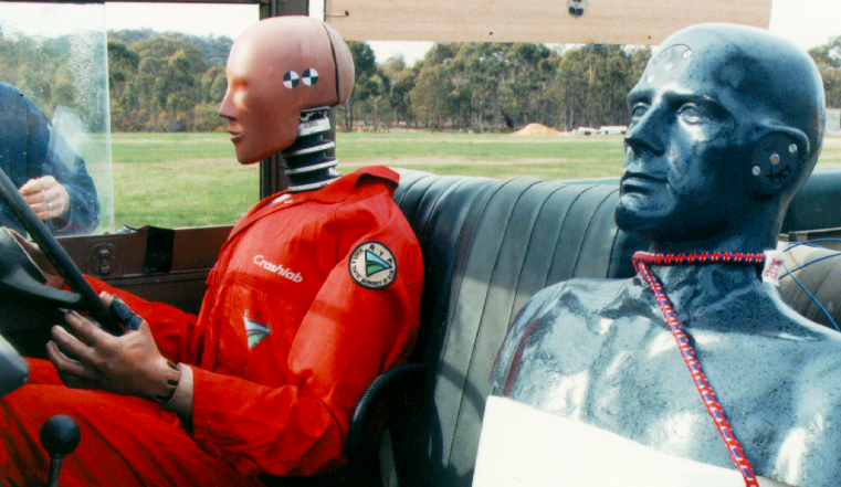 Crashdummy and blast model in a Landrover.