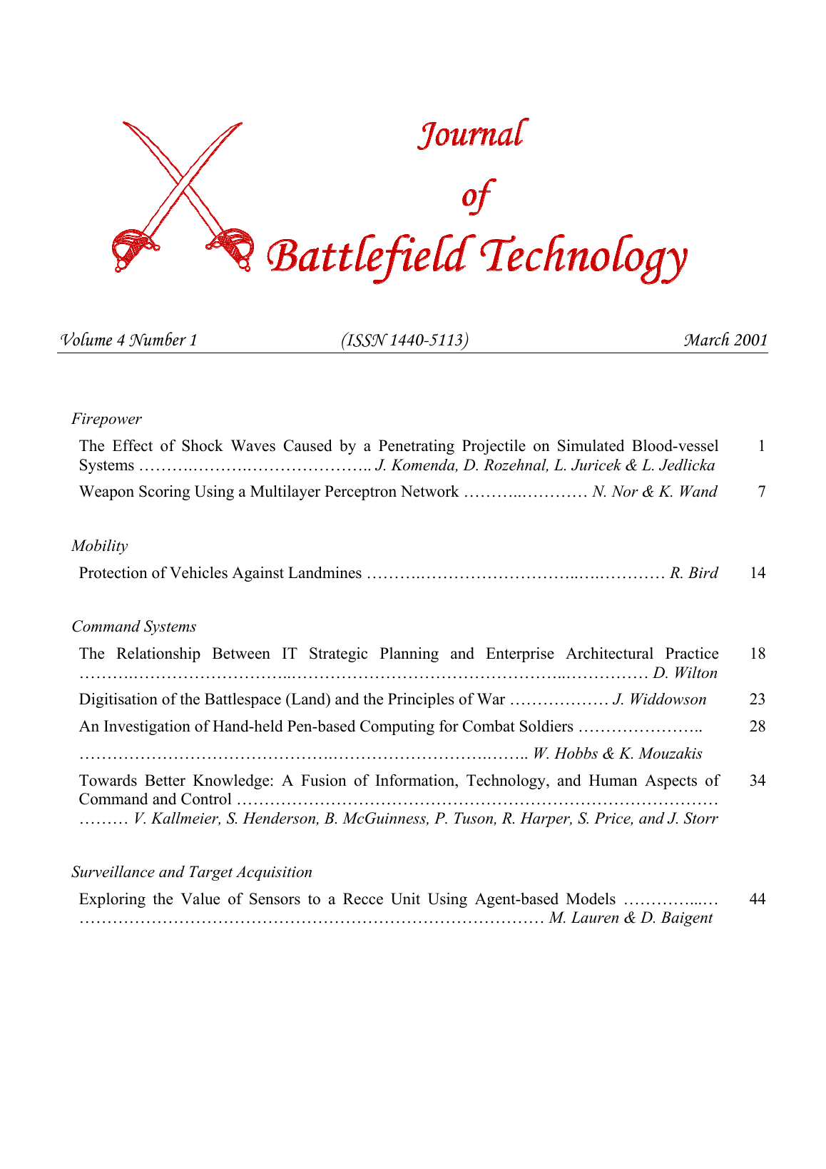 Journal of Battlefield Technology Volume 4, Number 1 cover