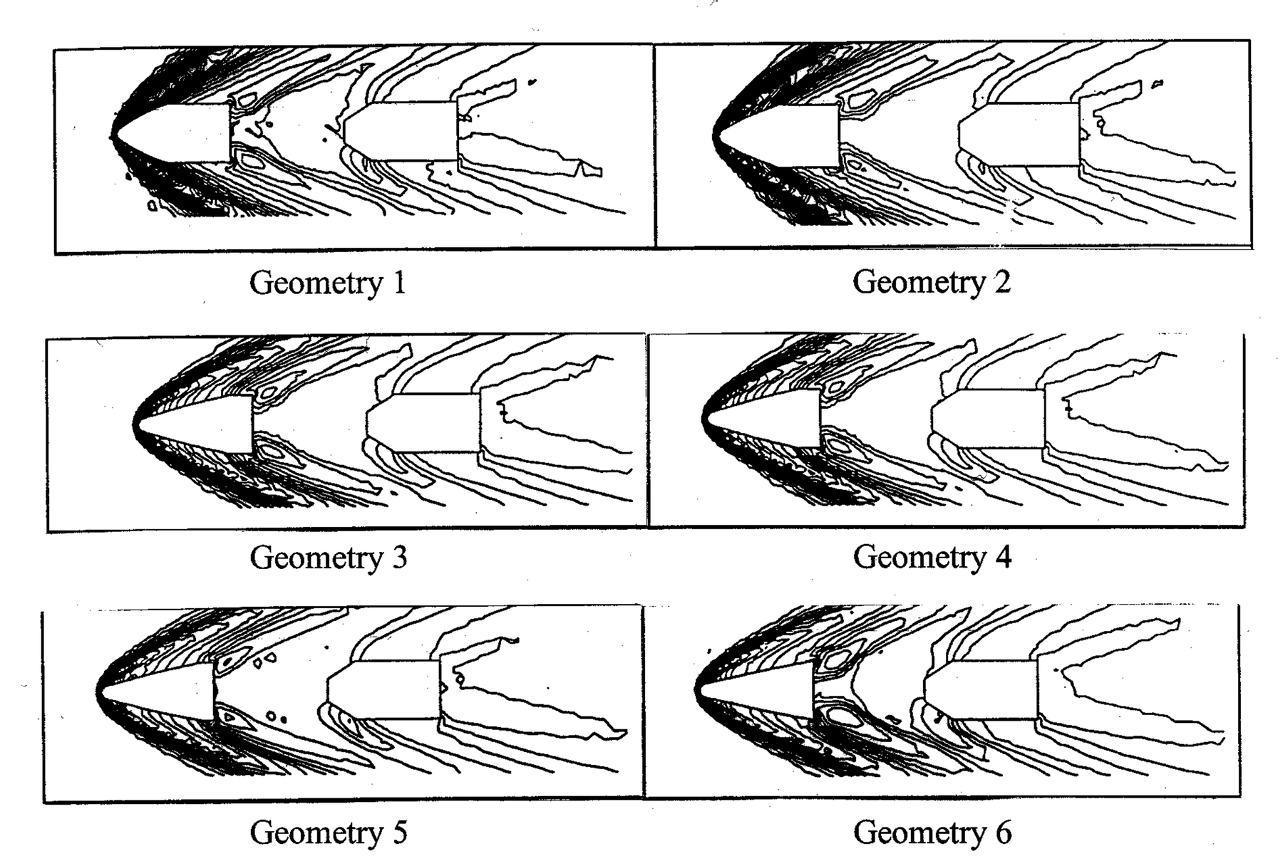 Flow contour of projectile geometry with variation in the leading nose fineness ratio from 2.5 to 5.0.