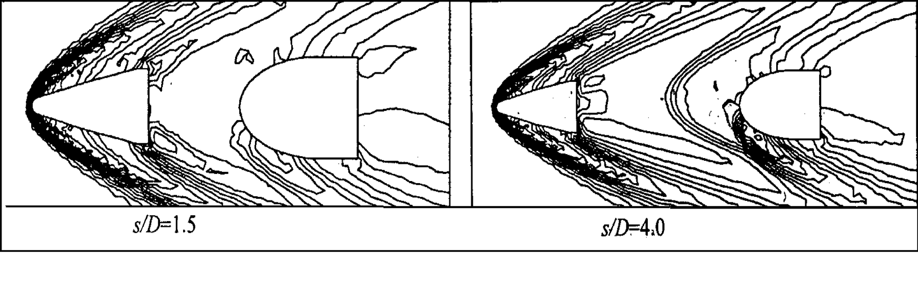 The flow around segmented rod projectiles with the separation over length, s/D of 1.5 and 4.0.