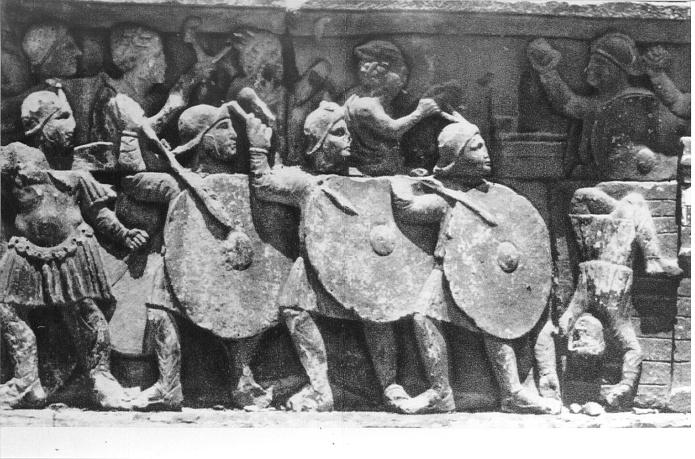 Roman soldiers using spears as depicted on the Arch of Constantine.