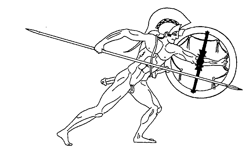 Hoplite using a spear under-arm as depicted on vase paintings.