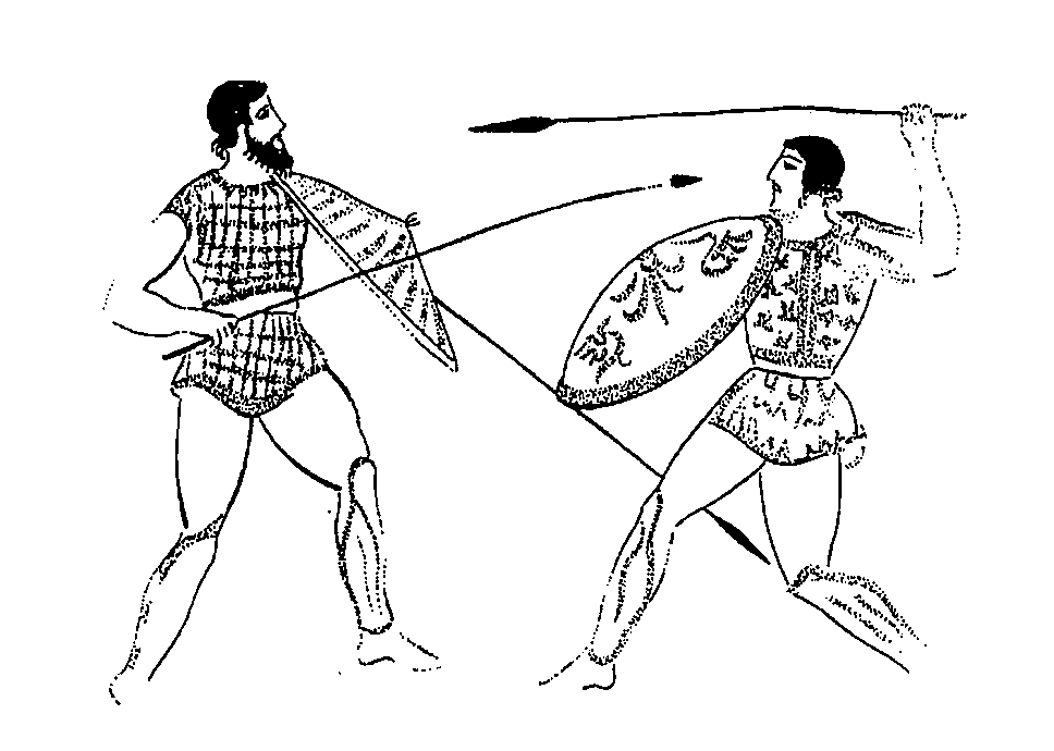 Warriors holding spears at butt end, from a tomb painting in Peastum, Italy.