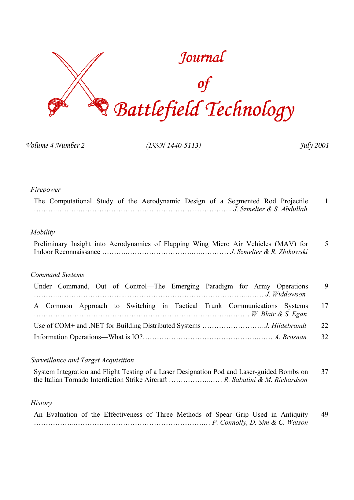 Journal of Battlefield Technology Volume 4, Number 2 cover
