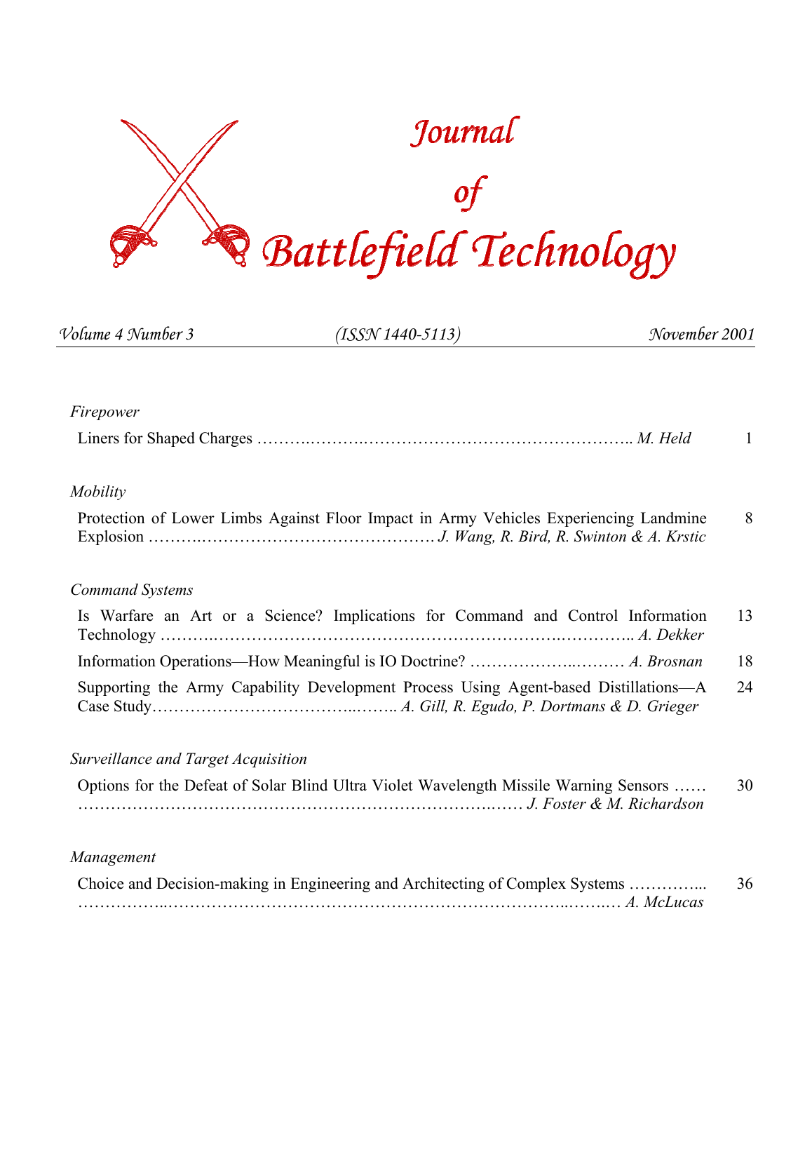 Journal of Battlefield Technology Volume 4, Number 3 cover