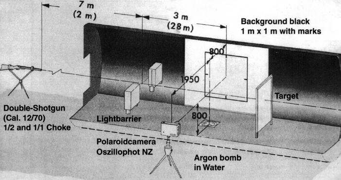The arrangement of the various equipments is shown with the gun on the left, the light barrier system, the camera, argon flash bomb in water, a black background and a target on the right.