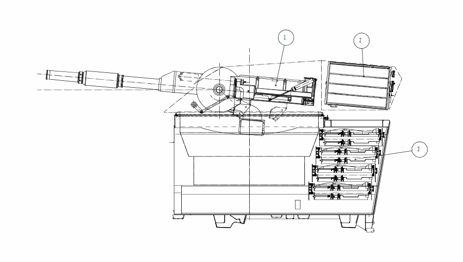 AMOS loading system: (1) loading device, (2) turret bustle magazine and (3) powered magazine in the chassis.