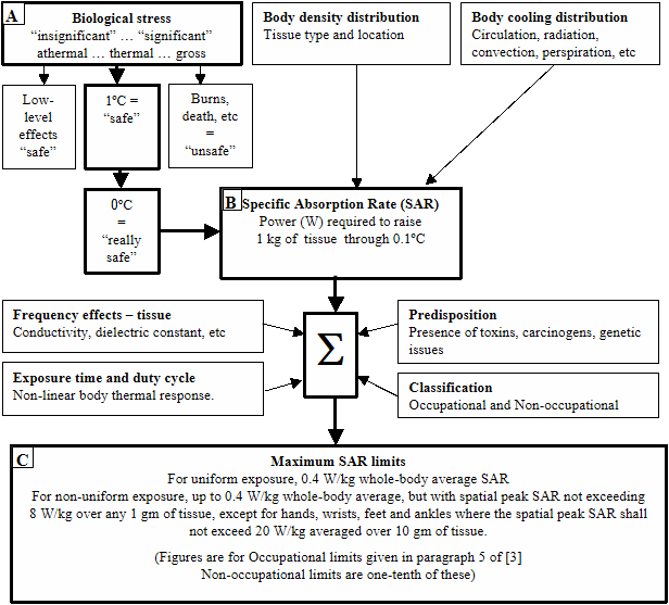 Relationship between biological stress and derived maximum SAR limits.