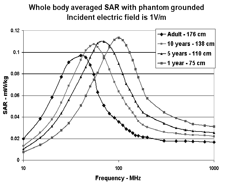 Variation of whole-body averaged SAR with phantom height, for an incident field of 1 V/m (derived from [4]).