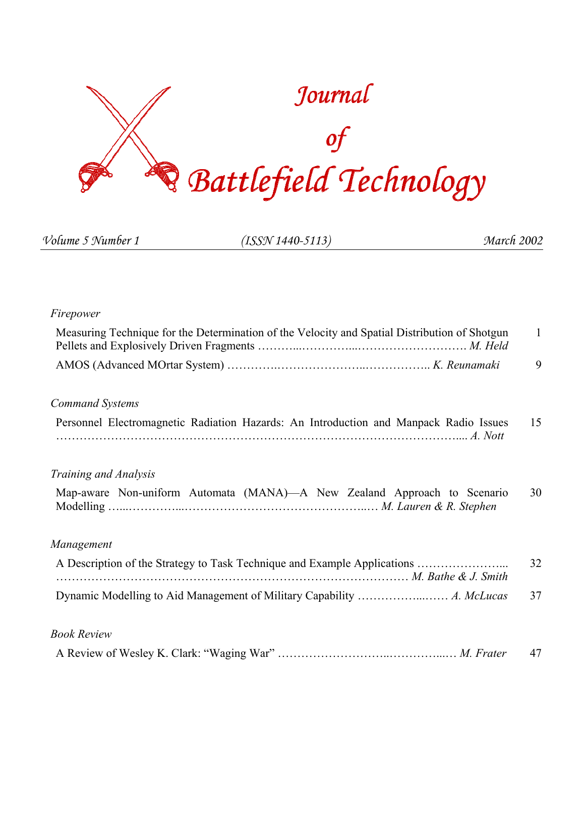Journal of Battlefield Technology Volume 5, Number 1 cover