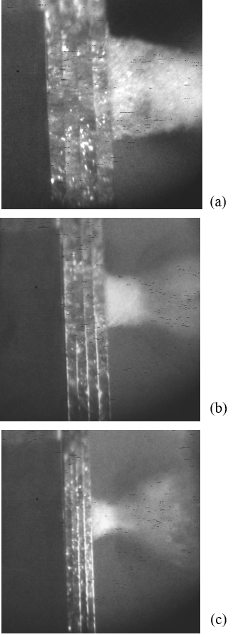 Change of front-plate ejecta for (a) 8-mm, (b) 6-mm and (c) 4-mm plate with inter-spacing of 0.0 mm.