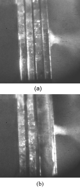 Change in the front-plate ejecta for the 8-mm plate with (a) 2.5-mm and (b) 5.0-mm spacing.