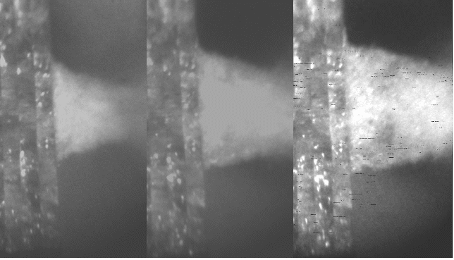 Growth of the inverse cone over 325 s for a projectile perforating four 4-mm thick float glass plates, with 0.0-mm spacing between each plate. A=43.1, 54.1 and 59.1 mm from left to right respectively.