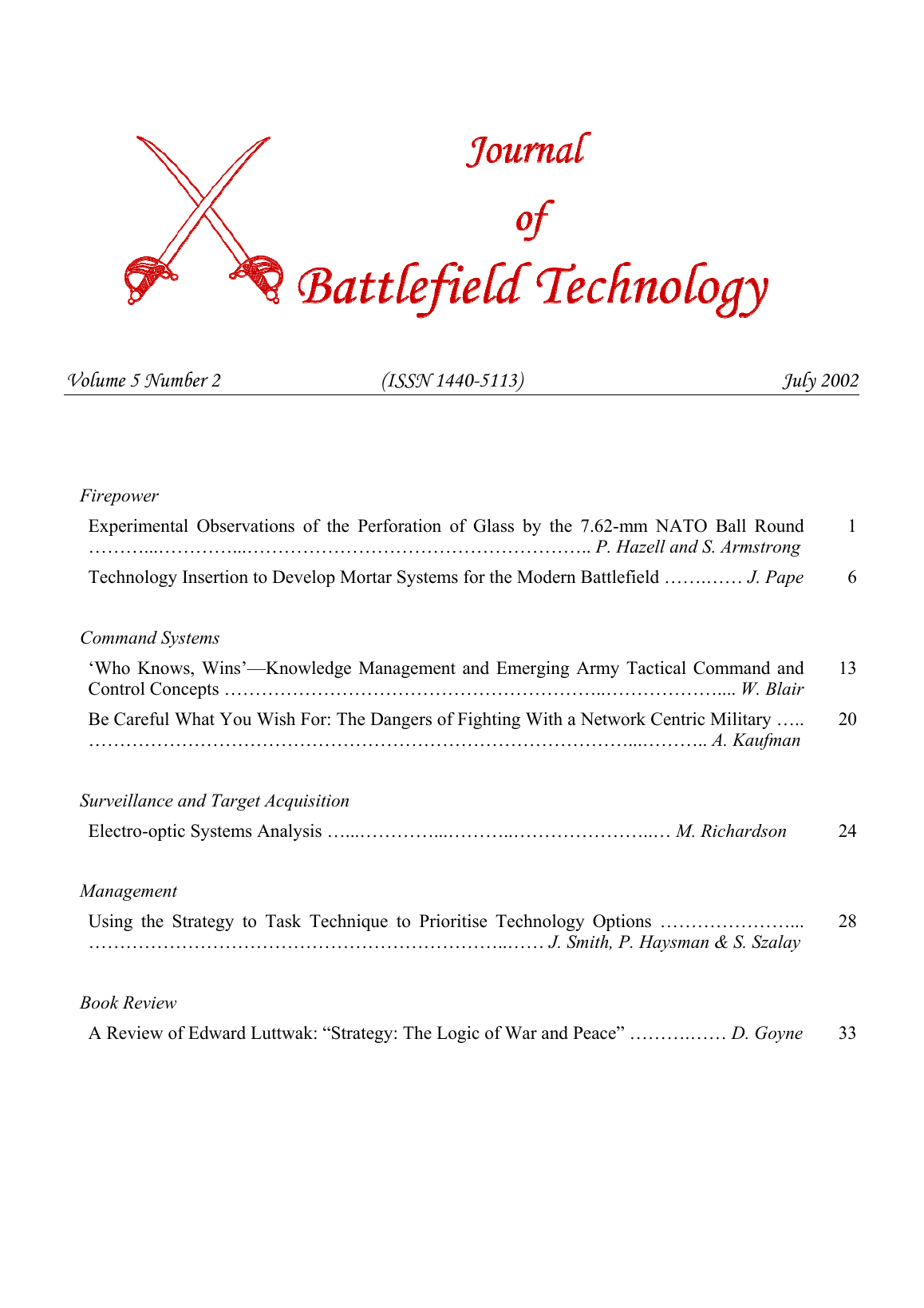 Journal of Battlefield Technology Volume 5, Number 2 cover