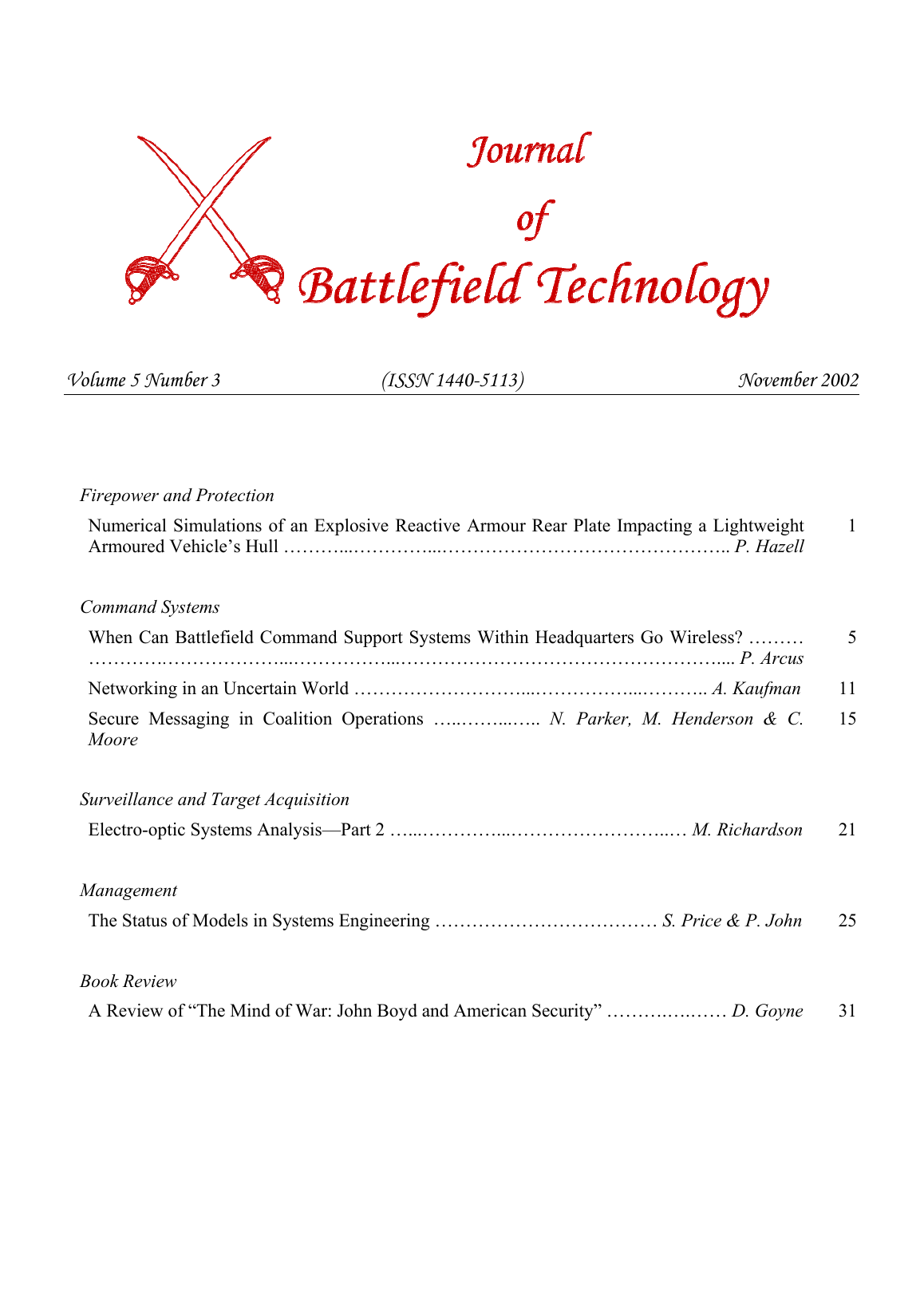 Journal of Battlefield Technology Volume 5, Number 3 cover
