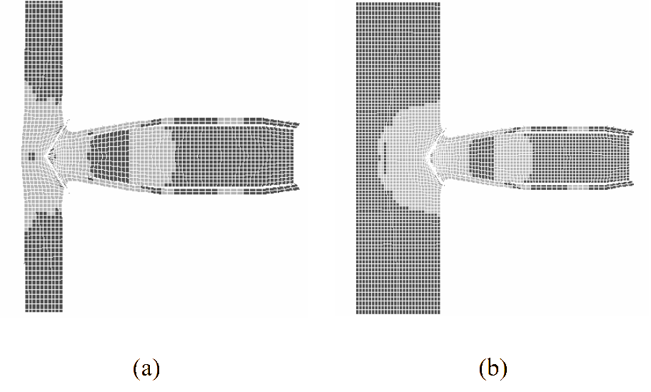 Material status plot showing the plastic zone ahead of the projectile for (a) the 3-mm 295 HV plate and (b) the 8-mm 295 HV plate.