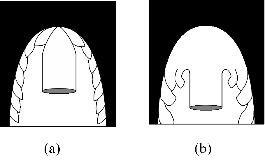 Diagram depicting two different penetration mechanisms, (a) adiabatic shear failure in DU, resulting in “self sharpening”, and (b) work hardening causing mushrooming in WHA (U.S. Army).