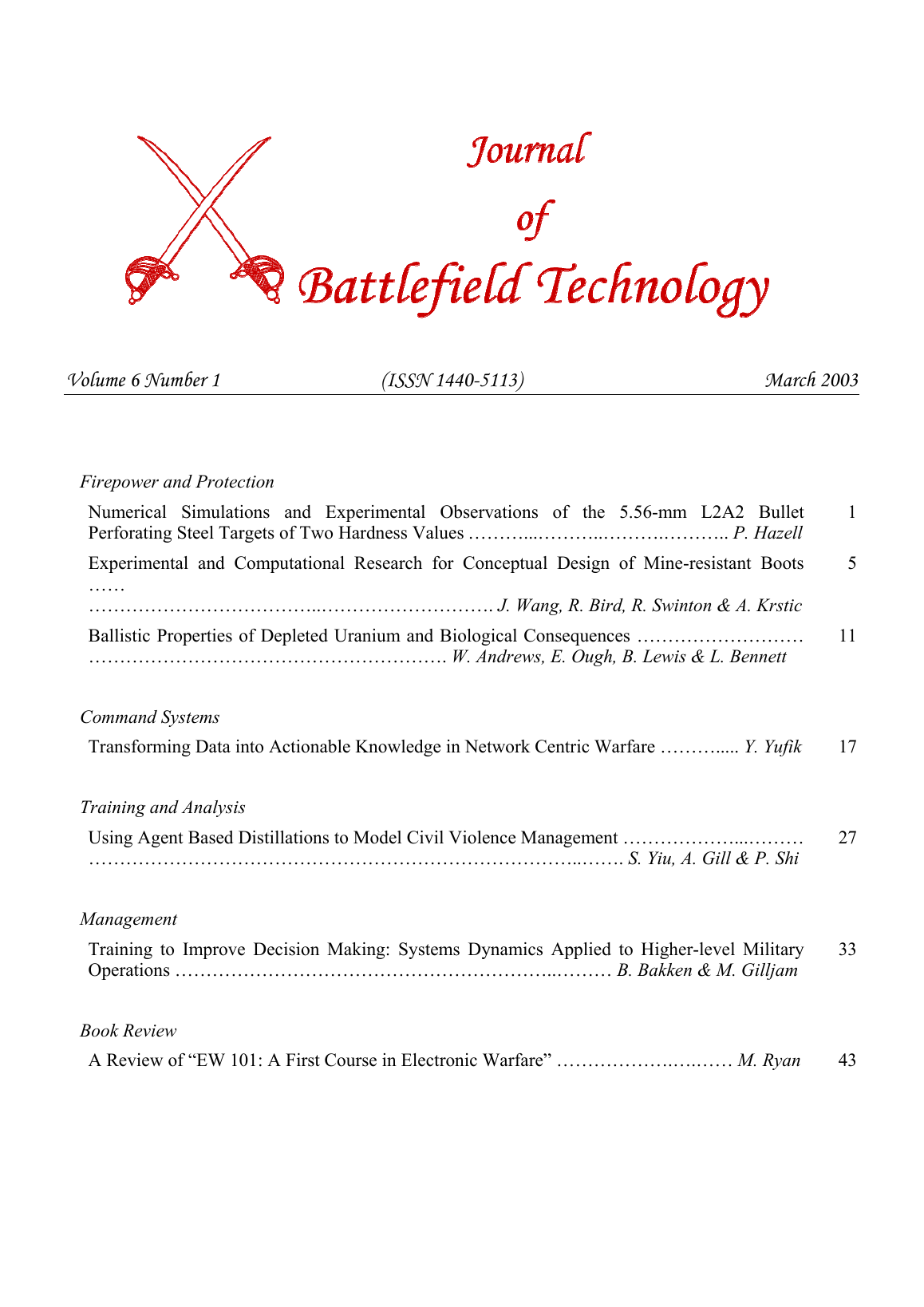 Journal of Battlefield Technology Volume 6, Number 1 cover