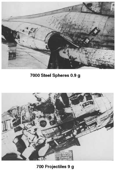 Comparison of 12-kg warhead types with 7 000 steel spheres of 0.9g compared to a multi-P charge warhead with 700 liners, each with fragments of about 9g.