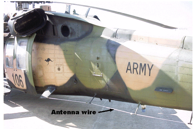 Tail cone of Black Hawk showing wire antenna.