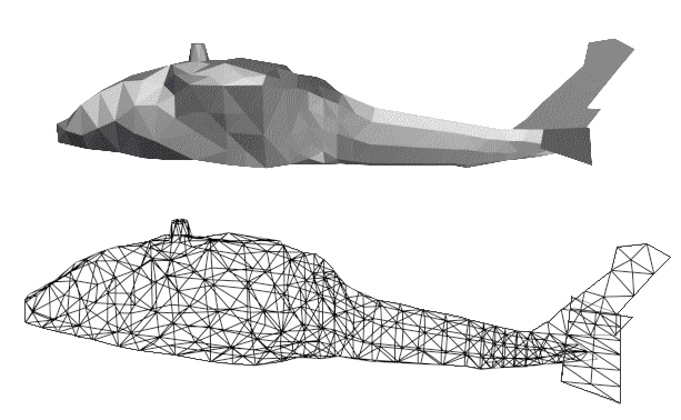 Rendered and wire-mesh views of the Black Hawk fuselage, less rotors and wire antenna.