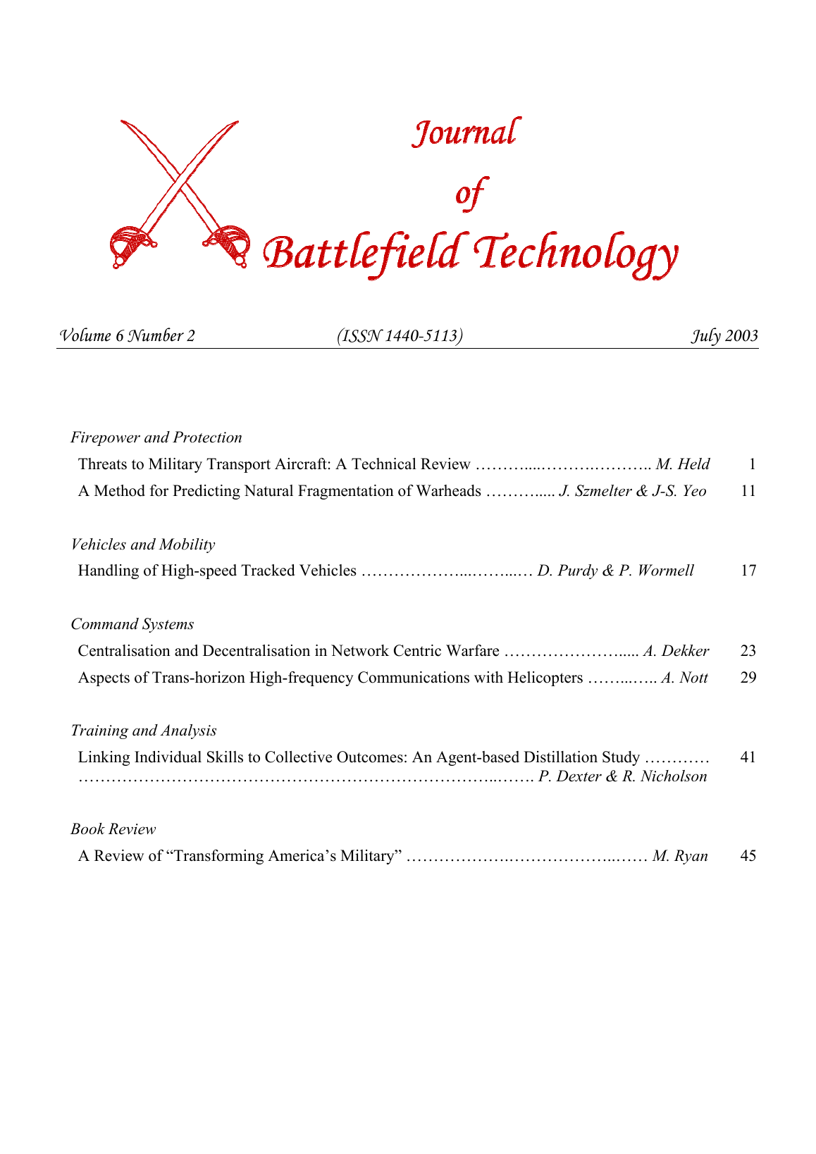 Journal of Battlefield Technology Volume 6, Number 2 cover