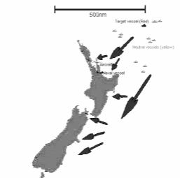 Screen image of MANA model for the scenario considered. Black arrows have been added to illustrate possible entry points for the target vessel (shown here in the upper right corner).