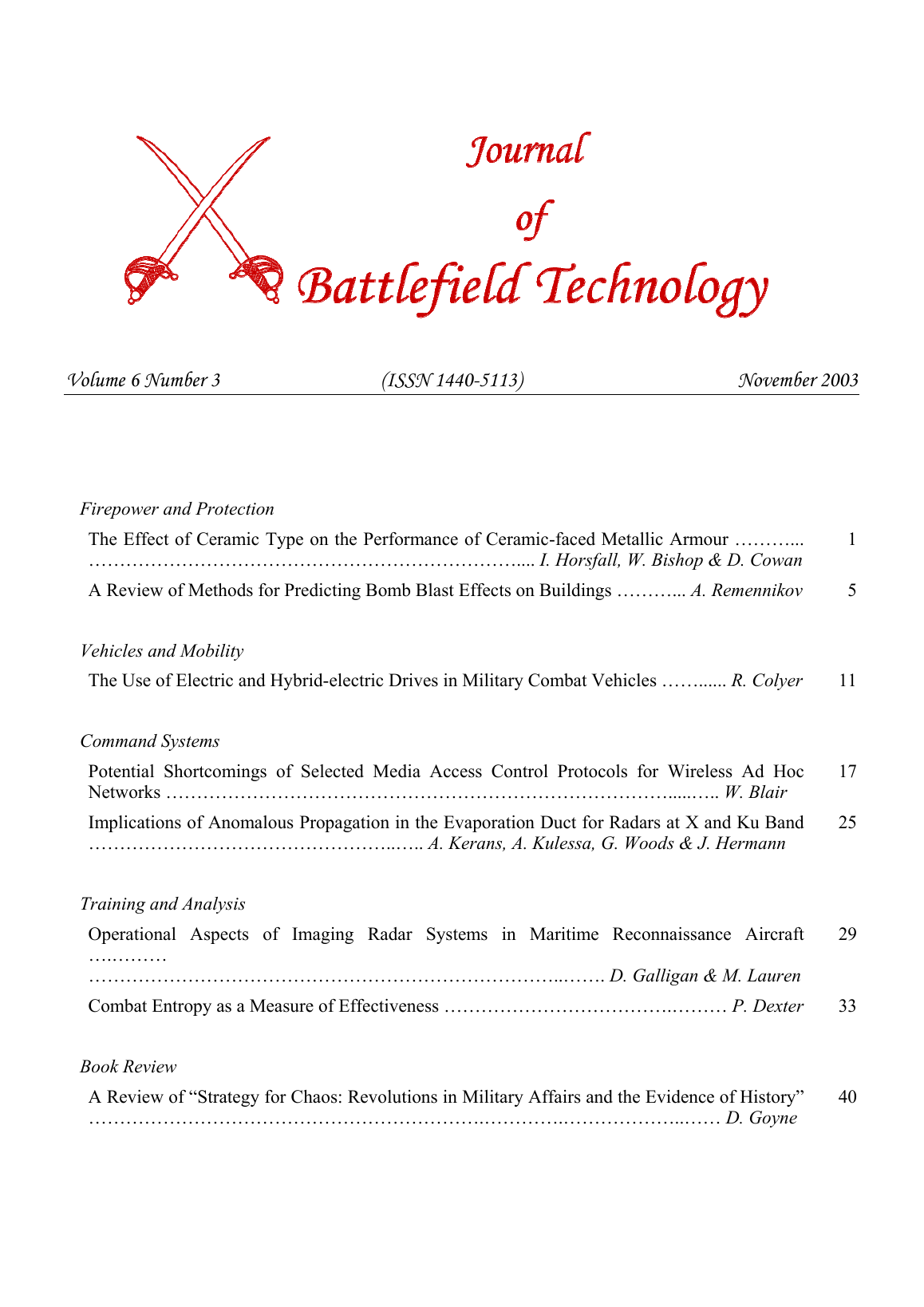 Journal of Battlefield Technology Volume 6, Number 3 cover