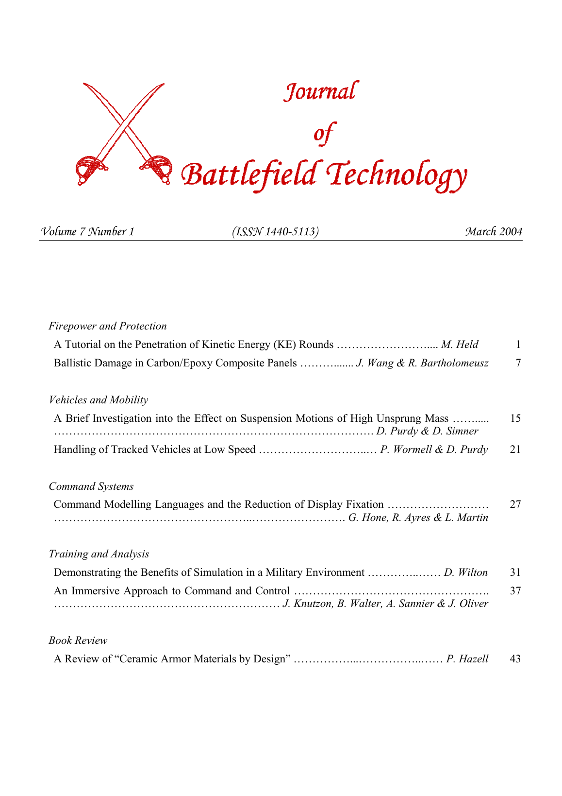 Journal of Battlefield Technology Volume 7, Number 1 cover