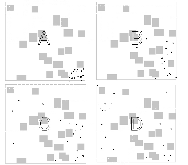 Example of autonomous dispersion of mobile sensors for area coverage; dark dots are the sensors.