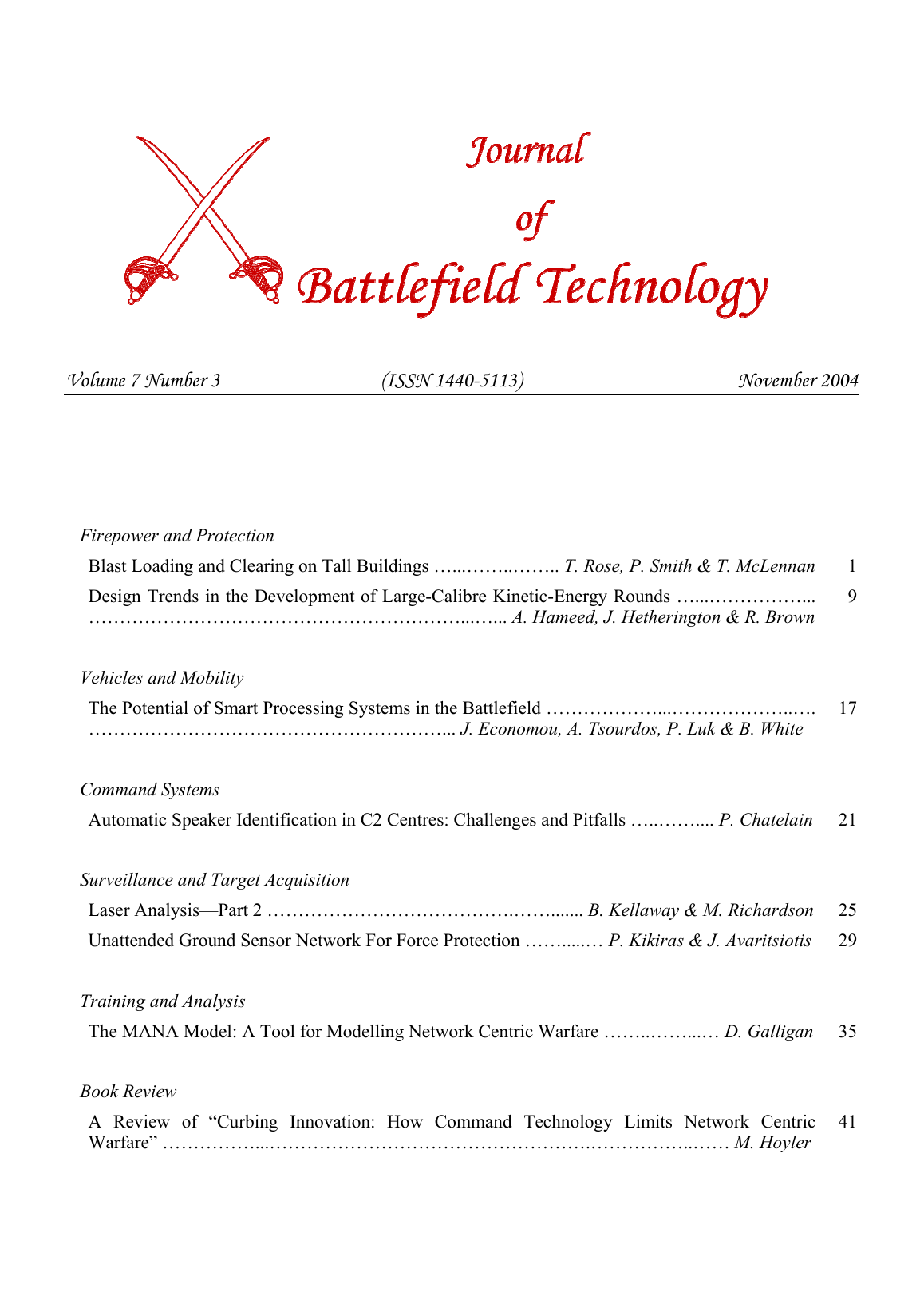 Journal of Battlefield Technology Volume 7, Number 3 cover