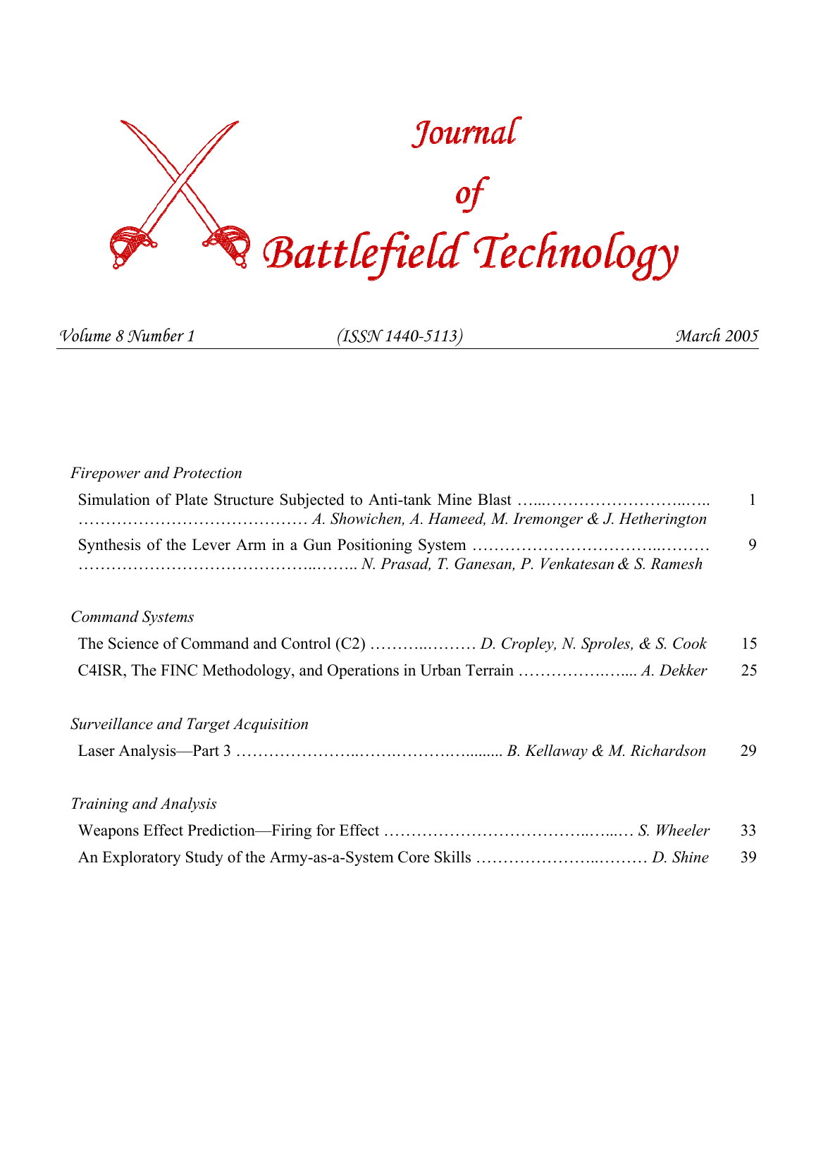 Journal of Battlefield Technology Volume 8, Number 1 cover