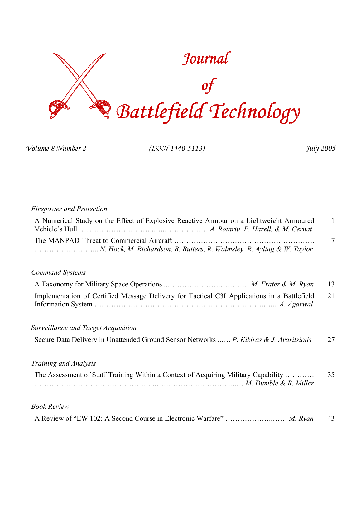Journal of Battlefield Technology Volume 8, Number 2 cover