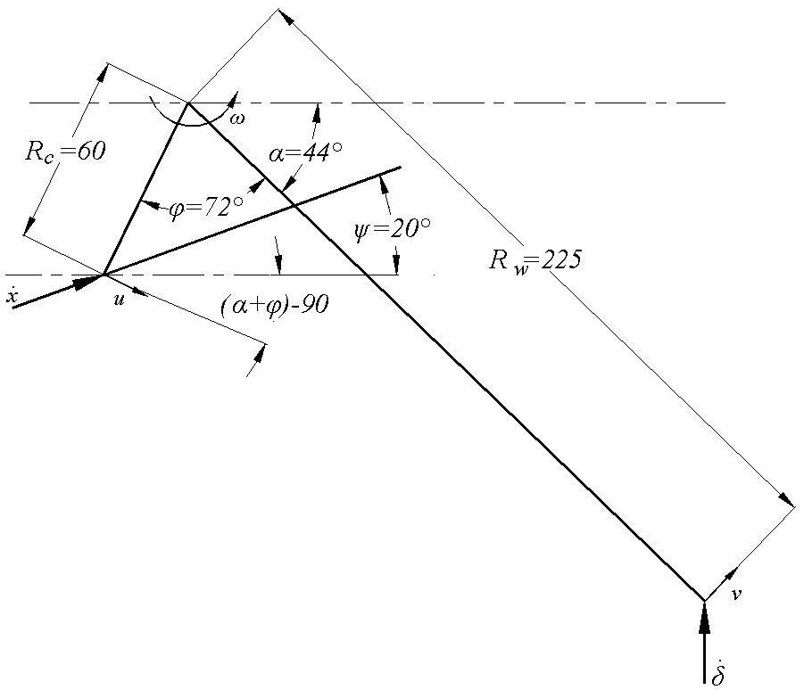 Trailing arm suspension showing the velocities at various points of interest.