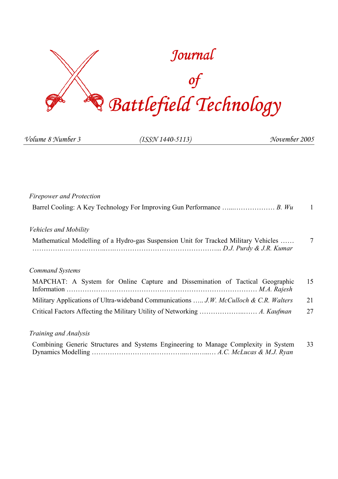 Journal of Battlefield Technology Volume 8, Number 3 cover