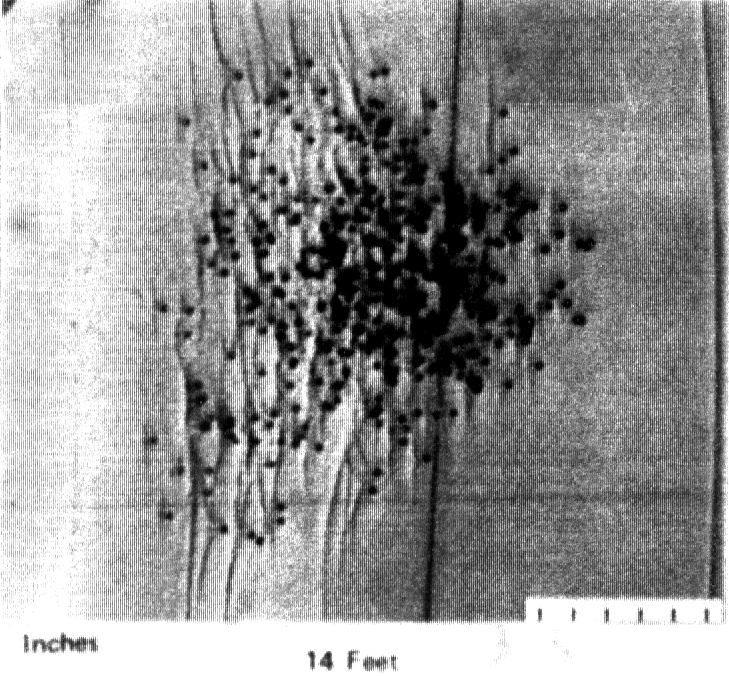 Flash photograph of the dispersed pellets at 4.3-m (14-feet) range fired from a cylinder muzzle. Note transverse trigger wire. Also note the composite bow shock at the extreme right-hand side. [1].