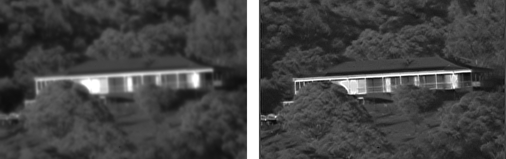 Motion-blurred and fully restored house on a hill 10 km distant.