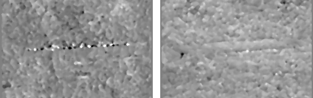 The x and y shift maps of frame 2 of house on a hill sequence 10 km distant, with grey-level indicating the degree of shift, white positive and black negative.